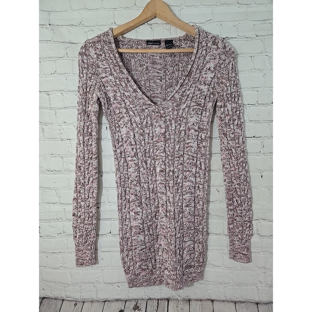 Vtg Y2k Moda International Deep V Neck Long Line Cable Knit Tunic Sweater